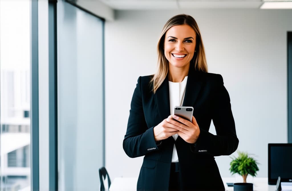  professional detailed photography, portrait of smiling businesswoman standing in open plan office. holding phone. minimalism style. happy female professional executive manager, financial banking or marketing data. ar 3:2, (muted colors, dim colors, soothing tones), (vsco:0.3)