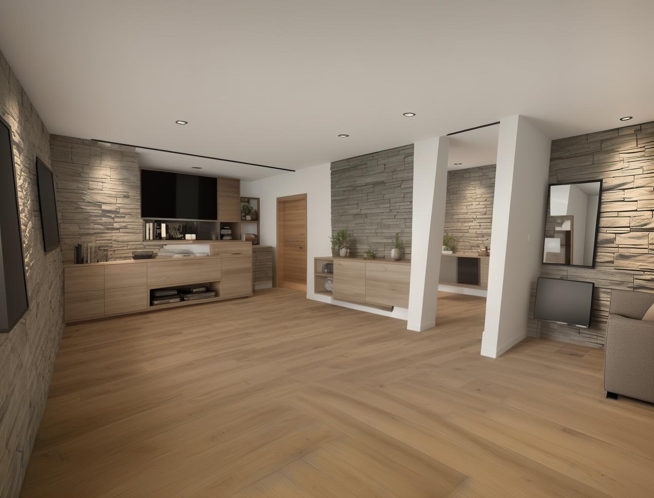  generate a photorealistic rendering of a modern living room with a combination of wooden floors and a stone accent wall. include sleek, contemporary furniture to contrast with the natural materials, creating a sophisticated yet comfortable atmosphere.