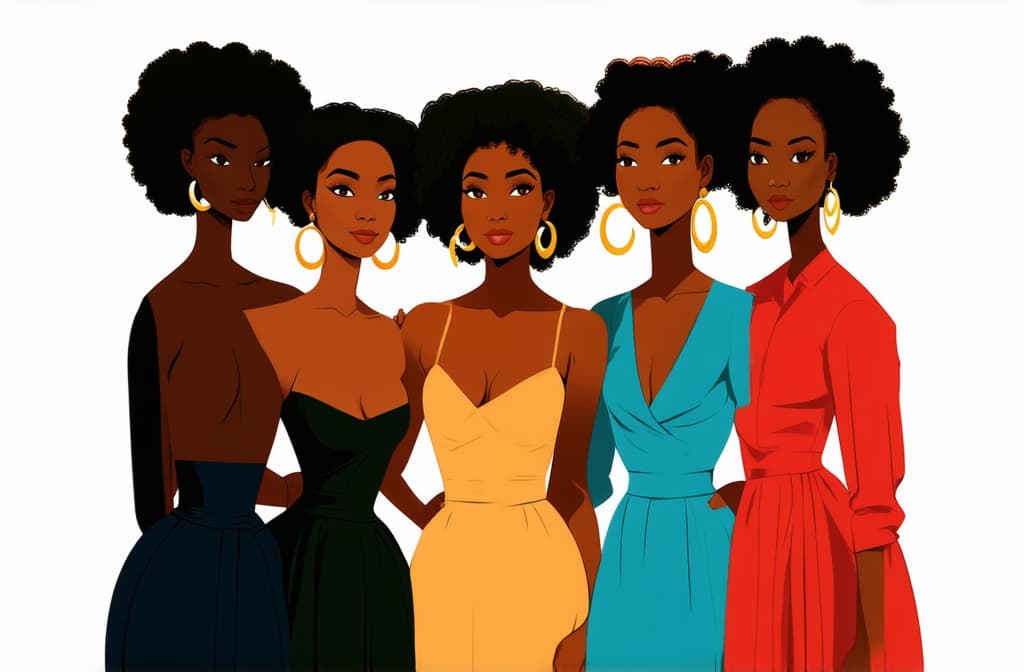  flat illustration, flaticon, (illustration:1.15), group of women with big earrings. sisterhood concept. illustrations of 6 women with different skin colors who stand close to each other ar 3:2, [cory loftis, strobist, pascal campion :: 0.2]