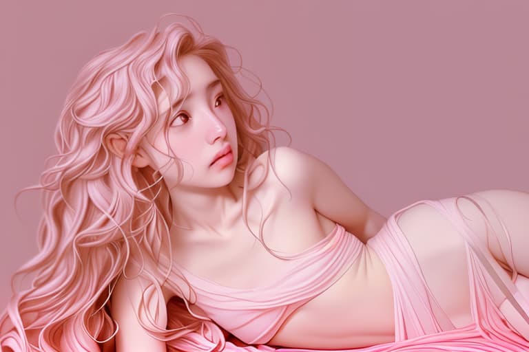  An extremely young and extra with wavy hair laying down in on her stomach, looking up at me with anger and confusion, wearing an extremely thin and tight light pink that is too small for her and no top