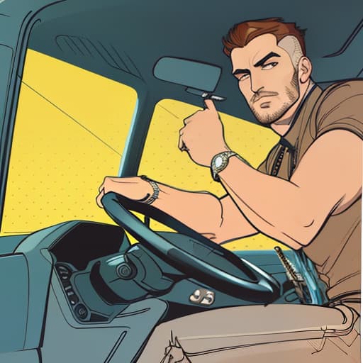  a man sitting in the drivers seat of a car, (logo:1.3), vector graphics, brand, design, inspired, (straight:1.3), (symmetrical:0.4) hyperrealistic, full body, detailed clothing, highly detailed, cinematic lighting, stunningly beautiful, intricate, sharp focus, f/1. 8, 85mm, (centered image composition), (professionally color graded), ((bright soft diffused light)), volumetric fog, trending on instagram, trending on tumblr, HDR 4K, 8K