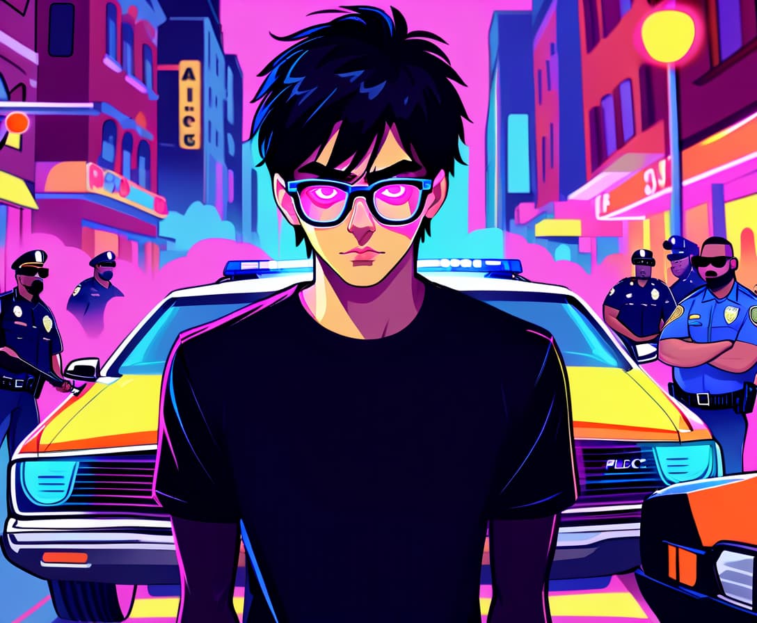  draw a young guy in a black jersey wearing black hair glasses under a car in a neon town against the background of a us police car