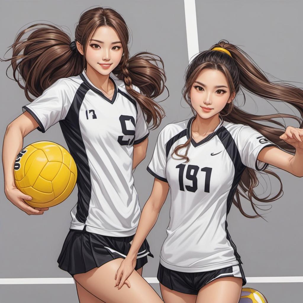  create two cartoon book characters playing volleyball. one is black with long braids. the other is white with long ponytail. brown hair. brown eyes , comic style, manga and manhwa style, painting style