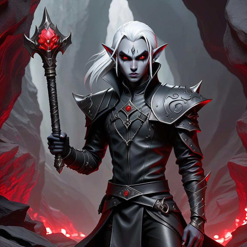  gothic style drow male elf cleric, dark grey graphite color skin, red eyes, silver medium haircut, black leather jacket, battle mace, impudent arrogant rude expression, traveler shoulder bag, half body view, dark cave temple . dark, mysterious, haunting, dramatic, ornate, detailed