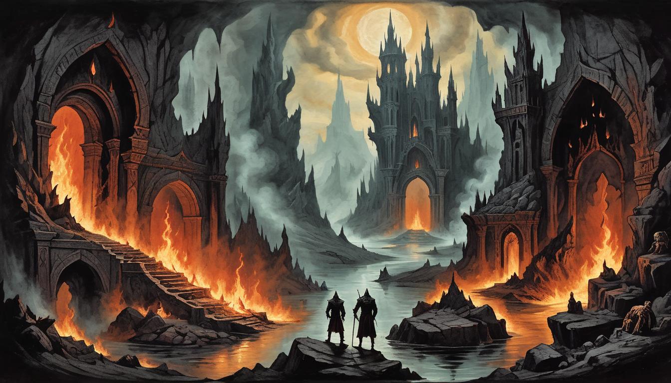  on parchment, surrealism+++, underworld portal surrounded by flames, dark landscape with jagged rocks, demonic figures emerging, hellish scenery(mysterious, provocative, symbolic,muted color)+++