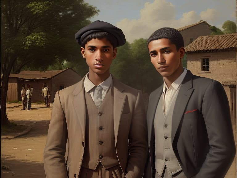  a young man from the city in fashionable clothes, standing next to his father from the village, both looking at the camera, all against the background of the village, executed in realism