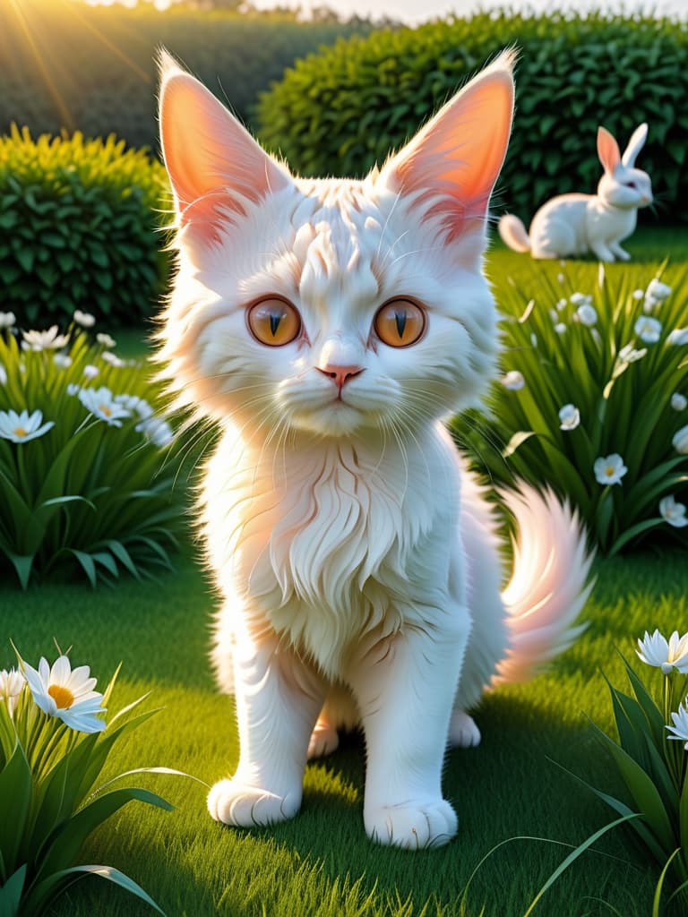  in the sunset, cats and rabbits play on the grass and chase. cats, with soft orange hair and bright big eyes, rabbits, covered in white hair。 photo realistic, highly intricate and detailed, masterpiece, ultra high res,photography,8k resolution