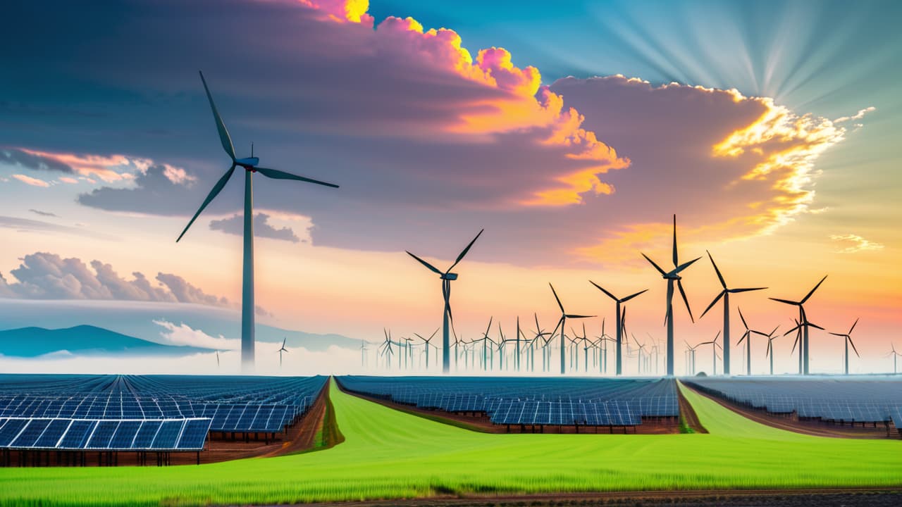  a split landscape: on one side, a vibrant solar farm with gleaming panels and wind turbines against a blue sky; on the other, a dark coal mine with smokestacks and oil rigs under a cloudy horizon. hyperrealistic, full body, detailed clothing, highly detailed, cinematic lighting, stunningly beautiful, intricate, sharp focus, f/1. 8, 85mm, (centered image composition), (professionally color graded), ((bright soft diffused light)), volumetric fog, trending on instagram, trending on tumblr, HDR 4K, 8K