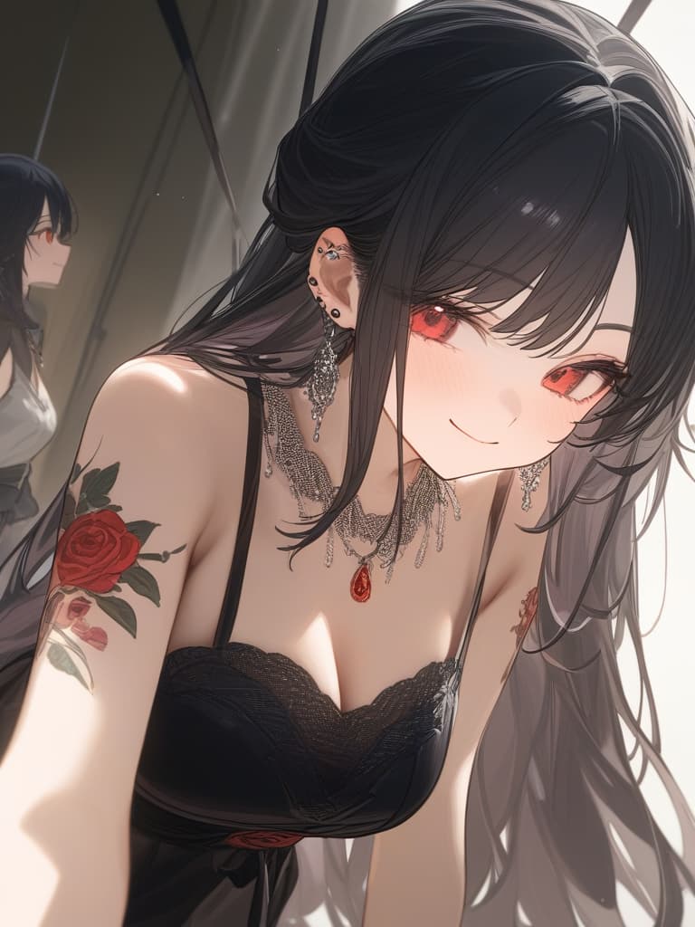  long hair, black hair, hair tips are pink, red eyes, hanging, bangs, and length of bangs, smiles, adults, adult faces, piercings, necklaces, black lace clothes, red rose tattou on arms in contained, thin makeup, rose tattoo on the arm, pink and black hair, masterpiece, best quality,8k,ultra detailed,high resolution,an extremely delicate and beautiful,hyper detail