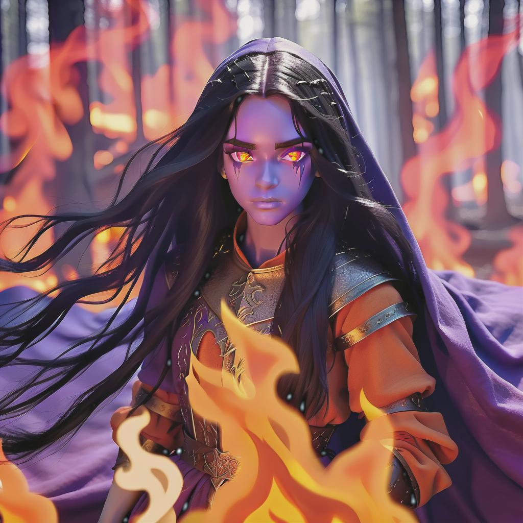  cinematic photo covered with fire, purple skin, black long hair, orange eyes, medieval clothes . 35mm photograph, film, bokeh, professional, 4k, highly detailed