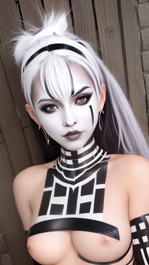  Chessboard check body paint in every corner of the body, Silver body paint all over the body,White face paint on the face, Dark elf 女性