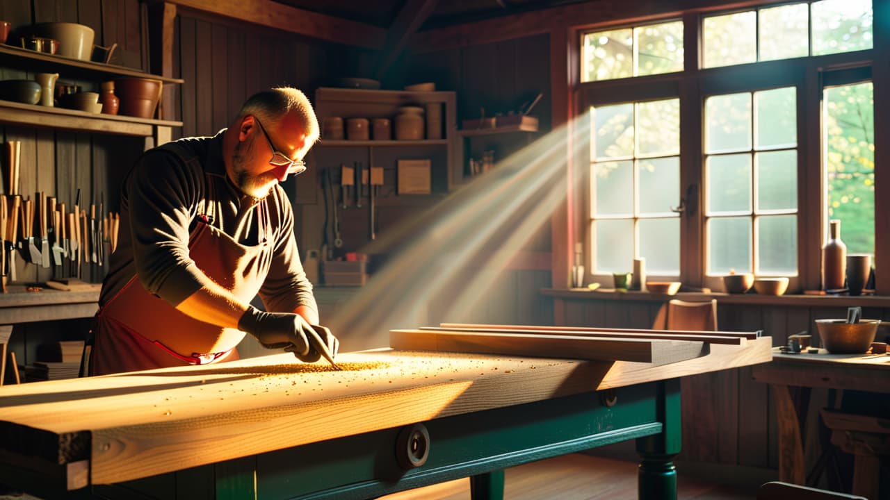  a rustic woodworking shop, sunlight streaming through dusty windows, showcasing a skilled craftsman measuring and marking a piece of wood with precision tools, surrounded by shavings and traditional joinery techniques displayed on the workbench. hyperrealistic, full body, detailed clothing, highly detailed, cinematic lighting, stunningly beautiful, intricate, sharp focus, f/1. 8, 85mm, (centered image composition), (professionally color graded), ((bright soft diffused light)), volumetric fog, trending on instagram, trending on tumblr, HDR 4K, 8K