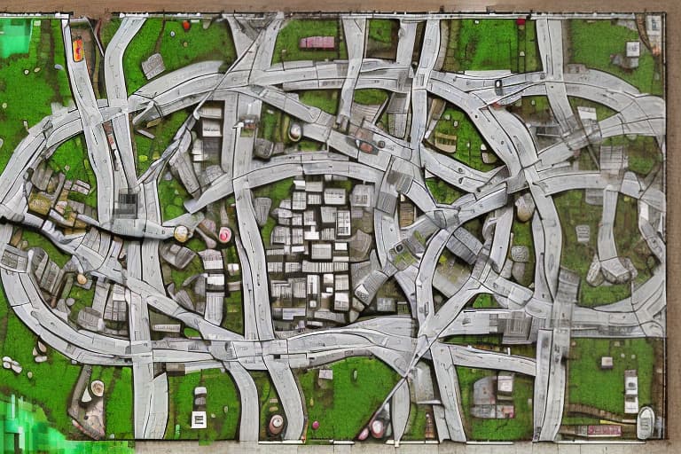 redshift style Generate a blank road play mat of Gotham City, featuring: - A detailed network of roads, highways, and alleys - Blank spaces where buildings and landmarks would be, allowing for placement of individual location images - Include iconic road features like streetlights, manhole covers, and crosswalks - Maintain a dark, gritty, and gothic atmosphere, inspired by the Batman franchise - Dimensions: A large, foldable road play mat, ideal for tabletop games and creative play Note: The focus is on the road layout and infrastructure, with blank spaces for adding individual location images, like the ones we previously discussed.