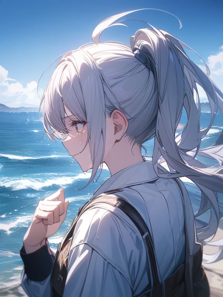  silver hair, ponytail, sea, crying face, masterpiece, best quality,8k,ultra detailed,high resolution,an extremely delicate and beautiful,hyper detail