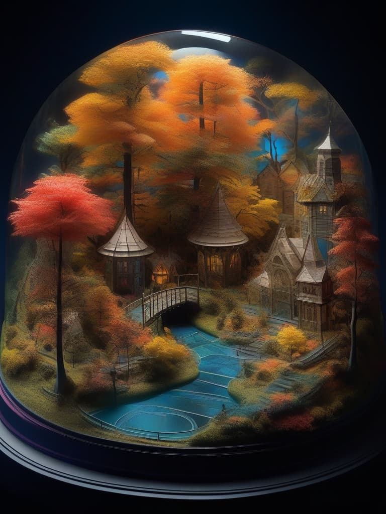  ((((world in domed glass:1.4))))((3d modeled paper)){3d paper modeling art work beyond the limit ((on drawing paper,mysterious forest: autumn leaves🍁,gentle fairy tale world,3d paper modeling art on drawing paper)),neon color} ultra detailed,high resolution,absurd,adopted,((((world in domed glass:1.4)))),