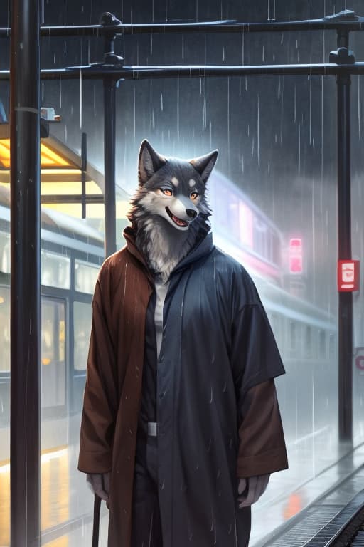  masterpiece, best quality, perfect anatomy, bright eyes, watery eyes, by t.y.stars, by null ghost, by k0bit0wani, furry, wolf, (felis:0.25), male, solo, baggy clothing, (open smile:1.1), gentle, looking at viewer, train station, rain, (waterdrop:0.9), grey sky, raining, (fog:0.4), detailed background hyperrealistic, full body, detailed clothing, highly detailed, cinematic lighting, stunningly beautiful, intricate, sharp focus, f/1. 8, 85mm, (centered image composition), (professionally color graded), ((bright soft diffused light)), volumetric fog, trending on instagram, trending on tumblr, HDR 4K, 8K