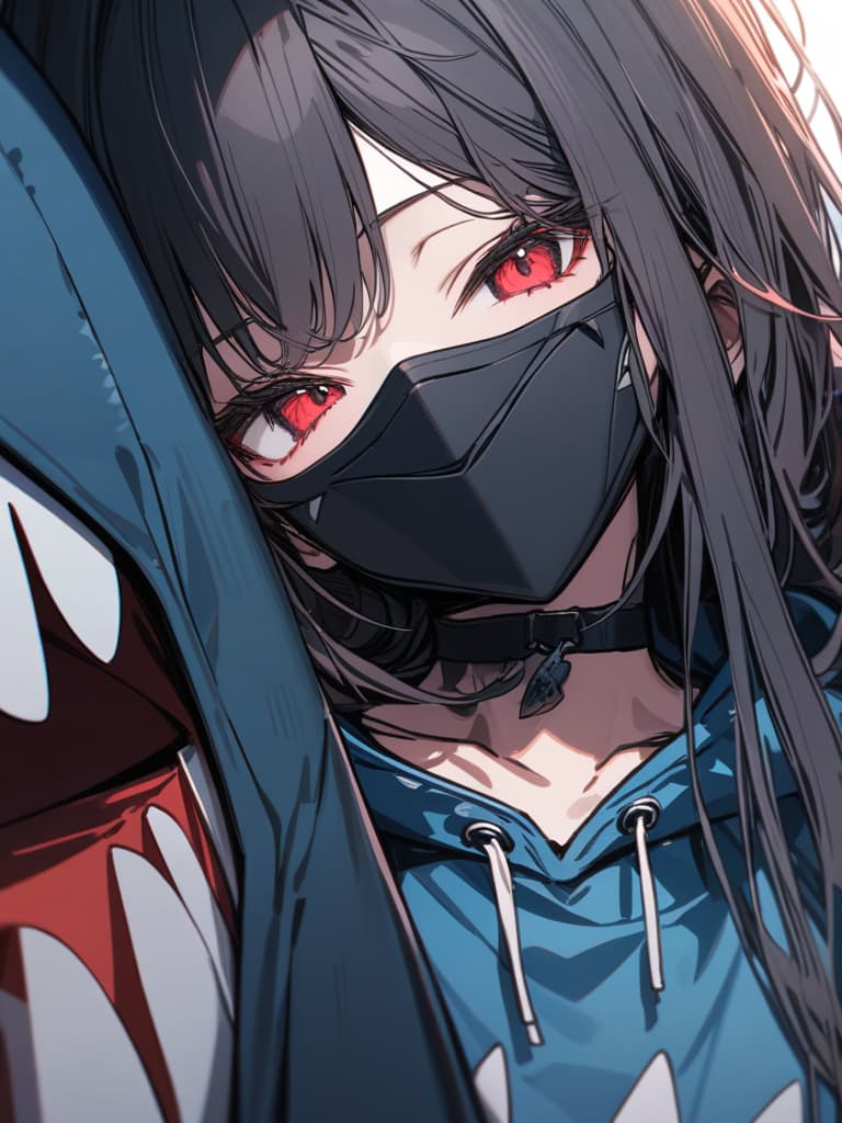  black hair, red eye, bob, black mask, shark hoodies, masks are lowered under the chin, sharksparker, shark hoodie, masterpiece, best quality,8k,ultra detailed,high resolution,an extremely delicate and beautiful,hyper detail