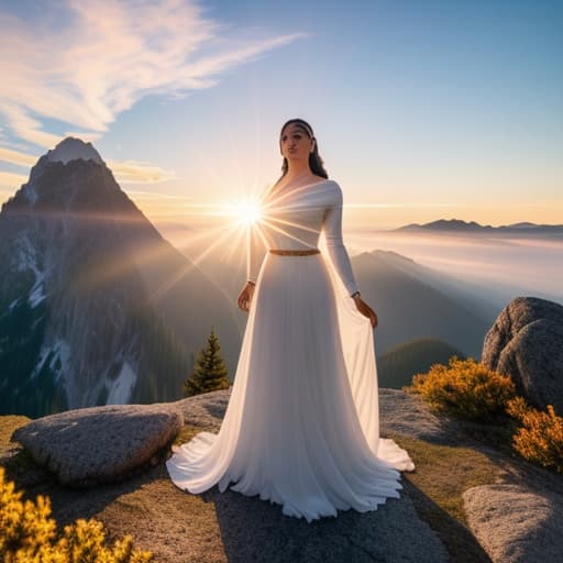  an image of a woman standing on a mountain peak at sunrise, her hands in prayer position, with soft light rays extending from her heart center. the sky is awash with warm colors, and faint symbols of sacred mantras, like om or other sanskrit syllables, are gently woven into the light rays, symbolizing the transformative energy emanating from within. hyperrealistic, full body, detailed clothing, highly detailed, cinematic lighting, stunningly beautiful, intricate, sharp focus, f/1. 8, 85mm, (centered image composition), (professionally color graded), ((bright soft diffused light)), volumetric fog, trending on instagram, trending on tumblr, HDR 4K, 8K