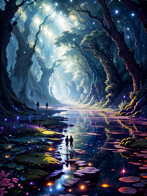  master piece, best quality, ultra detailed, highres, 4k.8k, Young , Crouching down, feeling the ground, Curious and fascinated, BREAK Young exploring a mystical forest., Enchanted forest, Shimmering pond, colorful flowers, fireflies, moss covered rocks, BREAK Magical and serene, Glistening water, soft light filtering through the trees, night sky