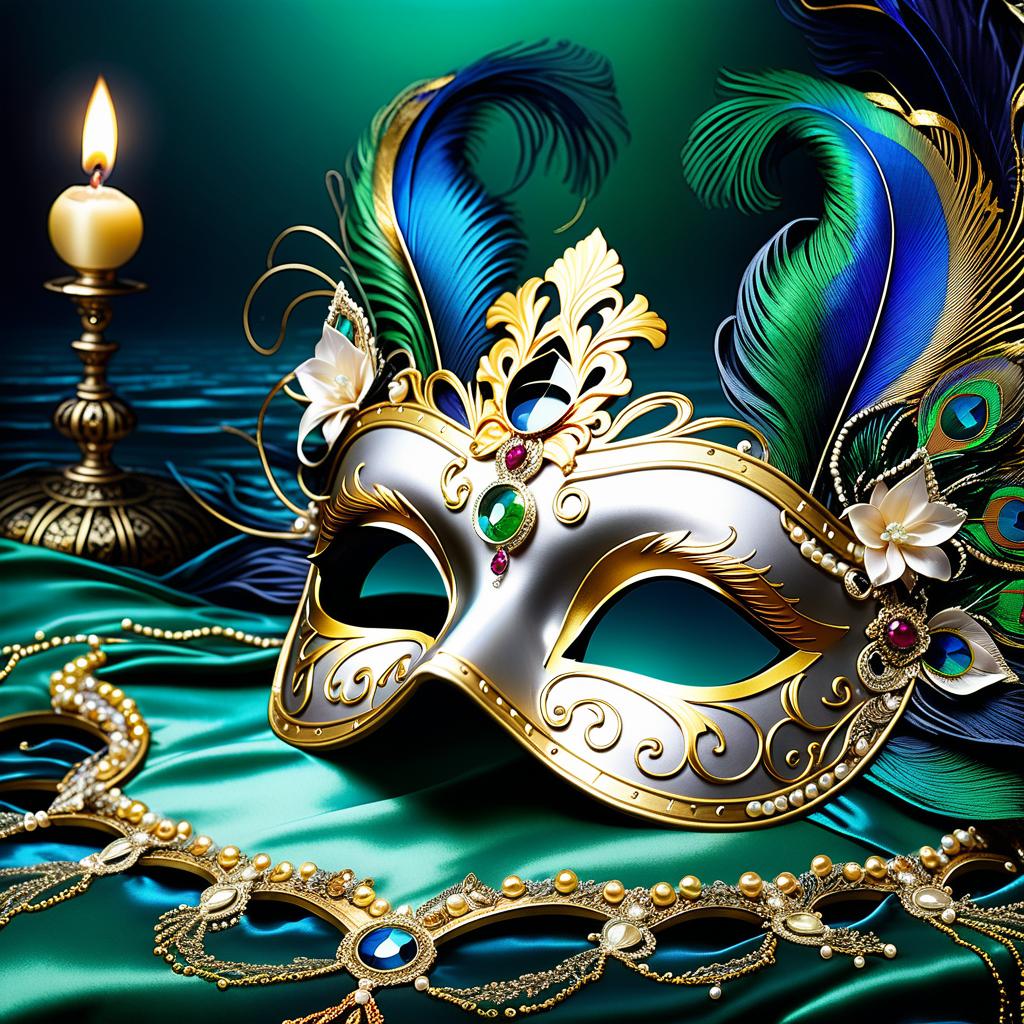  dreamscape (background):black silk cloak, topazes, rubies, emeralds, gold candlestick with white gold flame. ((the eye slits reflect the contours of the palaces and canals of venice1,9)). ((half mask columbine) a mask covering only part of the face. silver mask:with gold patterned ornamentation. colours:light green, blue, pearl cream, peacock feathers, gold and silver beads, gold leaf, gemstones, venetian lace, rhinestones, beads. (style):fantasy, renaissance, dream, mystery, mystery, dream, italy, venice, barcarolle, minestrel. . surreal, ethereal, dreamy, mysterious, fantasy, highly detailed