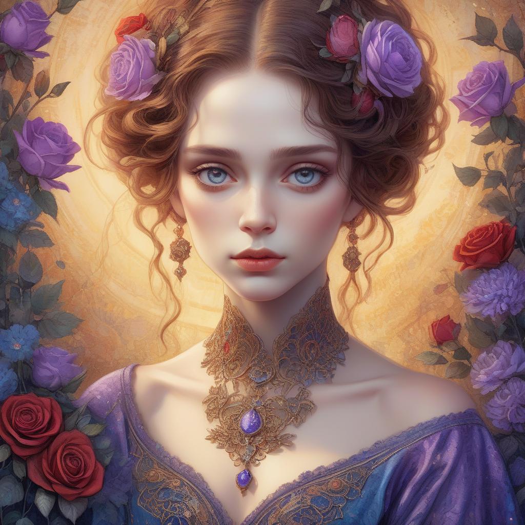  concept art a close up full body portrait of an stylish beautiful woman dressed in klimt style with a beautiful and very detailed face,style of jean baptiste monge, van gogh style, so many kind of flowers ,roses, klimt style. sunset. background, masterpiece, use shades of purple , blue, red and green best quality, super detailed, high resolution, very detailed, 8k uhd, realistic, (natural light), amazing, fine details, best, high quality, raw photo. arte nova. ember filigree and lace. . digital artwork, illustrative, painterly, matte painting, highly detailed