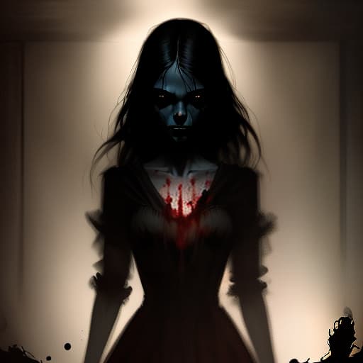  draw a silhouette of a girl in a dark room, dark , creepy , blood , monsters , by jason engle , carlos huante , charlie bowater , simon lee , brom