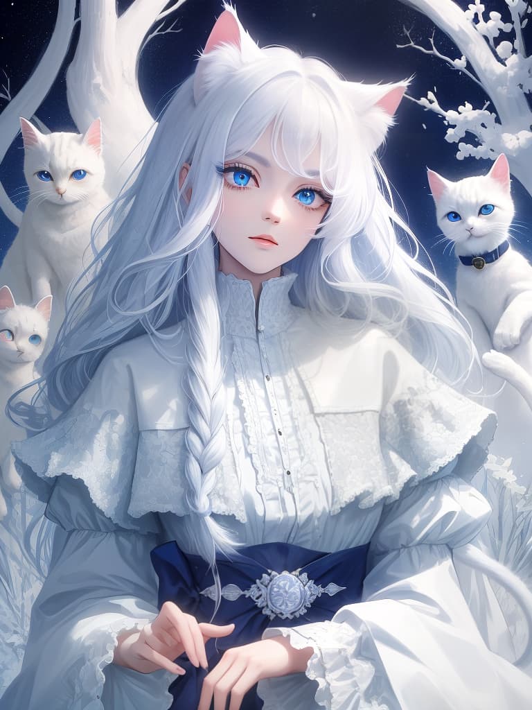  masterpieces, highest quality, 8k, (cat), (one cat), white cat, mofumofu, ((long hair)), many hair, white, blue eyes, eyelashes, long eyelashes, elegant