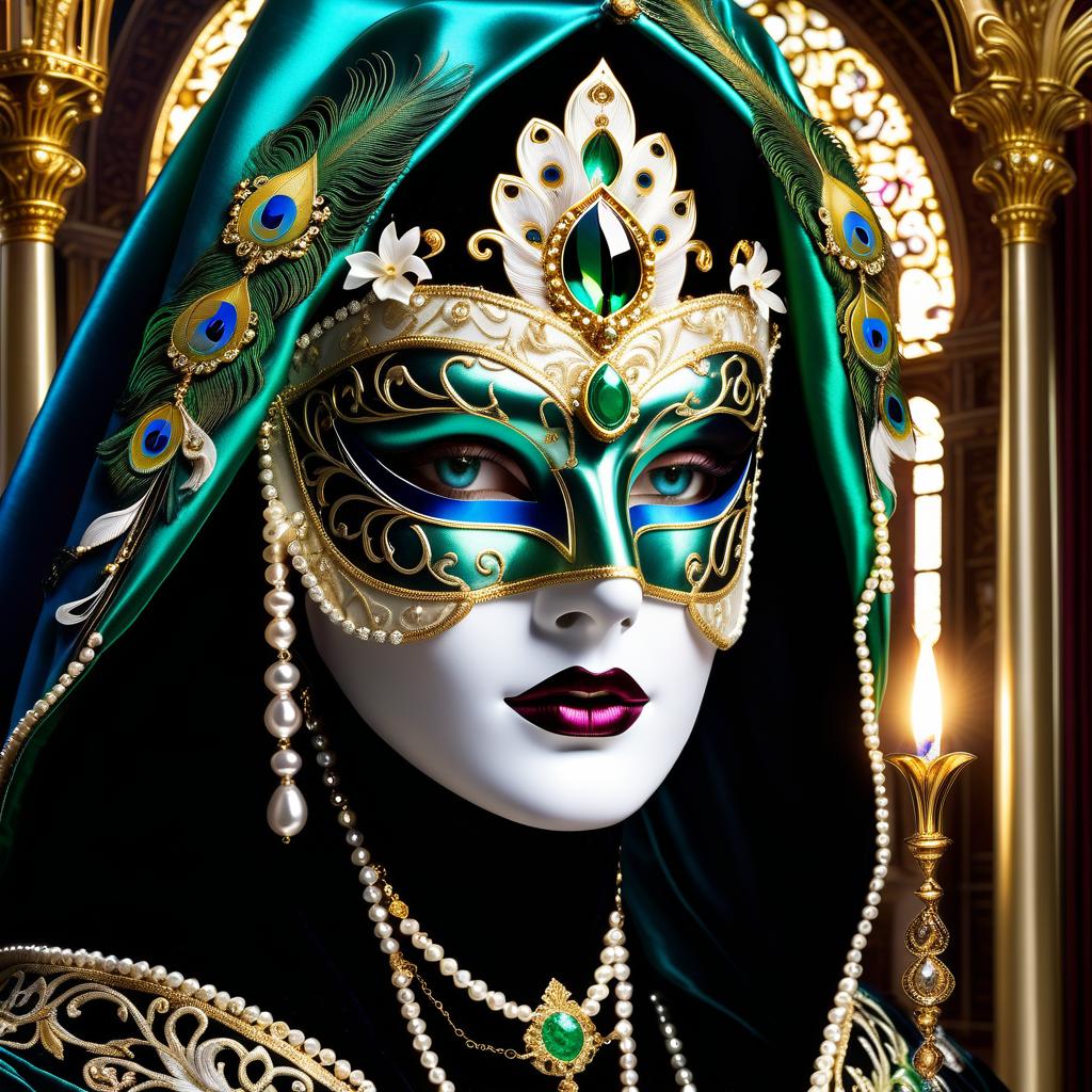  dreamscape (background):black silk cloak, topazes, rubies, emeralds, gold candlestick with white gold flame. ((the eye slits reflect the contours of the palaces and canals of venice1,9)). ((half mask columbine) a mask covering only part of the face. silver mask:with gold patterned ornamentation. colours:light green, blue, pearl cream, peacock feathers, gold and silver beads, gold leaf, gemstones, venetian lace, rhinestones, beads. (style):fantasy, renaissance, dream, mystery, mystery, dream, italy, venice, barcarolle, minestrel. . surreal, ethereal, dreamy, mysterious, fantasy, highly detailed