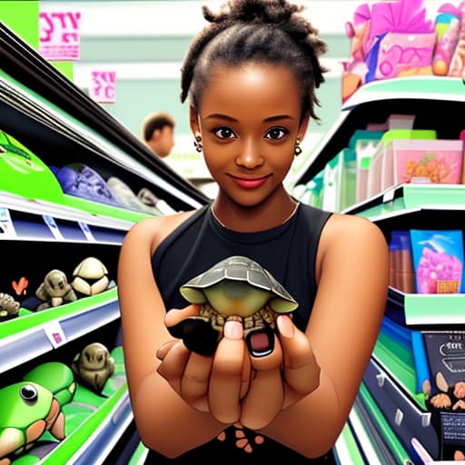  Black person holding a baby turtle in her hand at a store