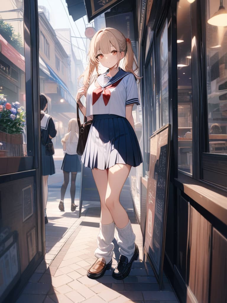  junior high school students, loose socks, sailor uniforms, loafers, beige eyes, girls, cafes, ponytails, flowers earrings, beige hair, fashionable, cute, masterpiece, best quality,8k,ultra detailed,high resolution,an extremely delicate and beautiful,hyper detail