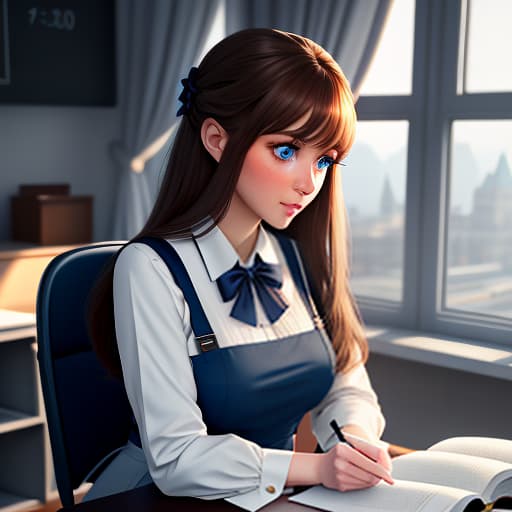  schoolgirl, slavic appearance, blue eyes, long hair, white bow, first grader, girl in a dark dress, white apron, sitting at a desk, textbooks on the desk, school satchel, 3d animation, disney, on a white background hyperrealistic, full body, detailed clothing, highly detailed, cinematic lighting, stunningly beautiful, intricate, sharp focus, f/1. 8, 85mm, (centered image composition), (professionally color graded), ((bright soft diffused light)), volumetric fog, trending on instagram, trending on tumblr, HDR 4K, 8K