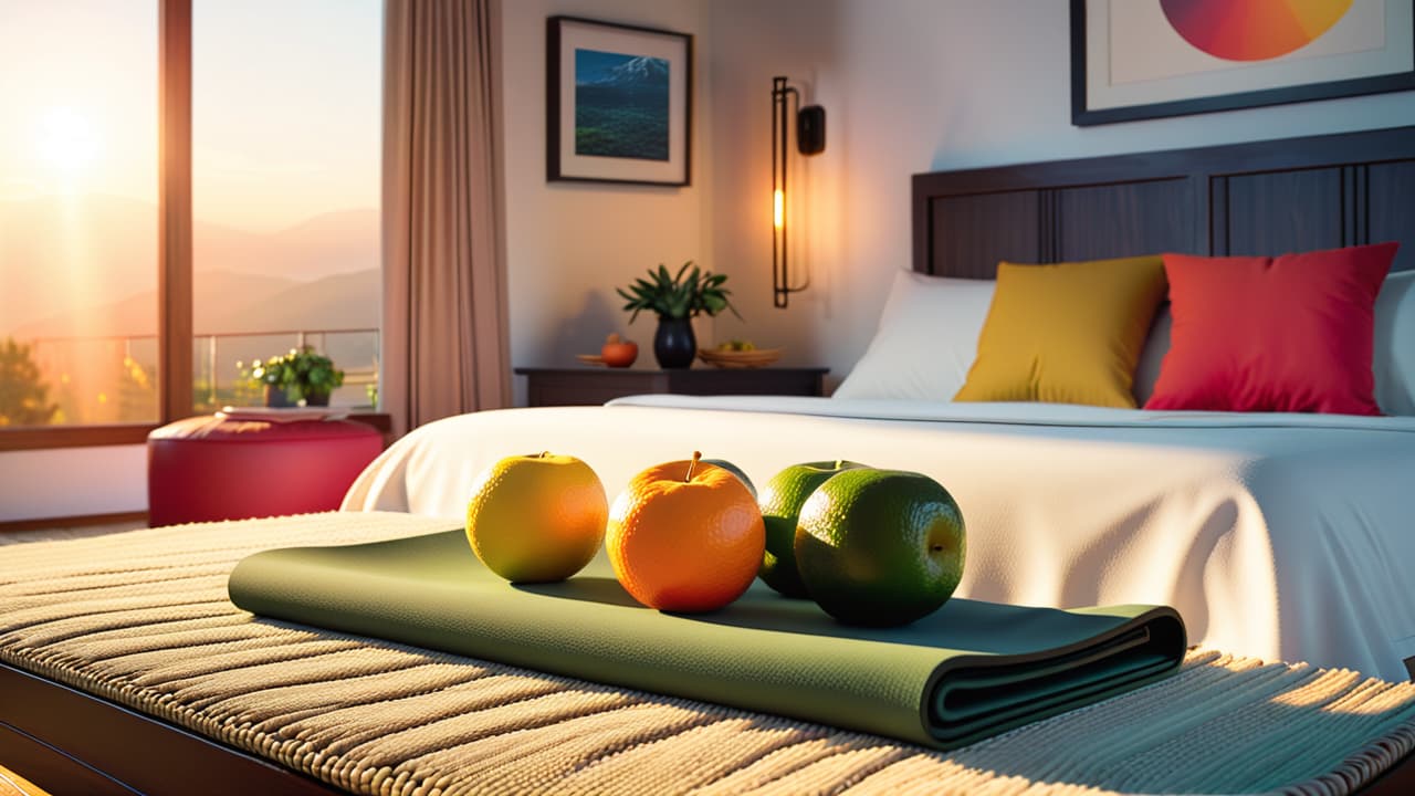  a serene sunrise illuminates a peaceful bedroom with a neatly made bed, a yoga mat, fresh fruits, a journal, and a steaming cup of tea, inviting a tranquil morning routine. hyperrealistic, full body, detailed clothing, highly detailed, cinematic lighting, stunningly beautiful, intricate, sharp focus, f/1. 8, 85mm, (centered image composition), (professionally color graded), ((bright soft diffused light)), volumetric fog, trending on instagram, trending on tumblr, HDR 4K, 8K