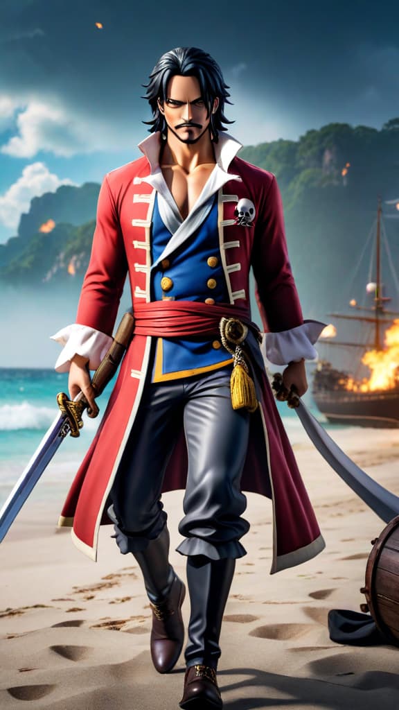  anime art: gol d. roger, the pirate king, mastering advanced haki forms in one piece lore. hyperrealistic, full body, detailed clothing, highly detailed, cinematic lighting, stunningly beautiful, intricate, sharp focus, f/1. 8, 85mm, (centered image composition), (professionally color graded), ((bright soft diffused light)), volumetric fog, trending on instagram, trending on tumblr, HDR 4K, 8K