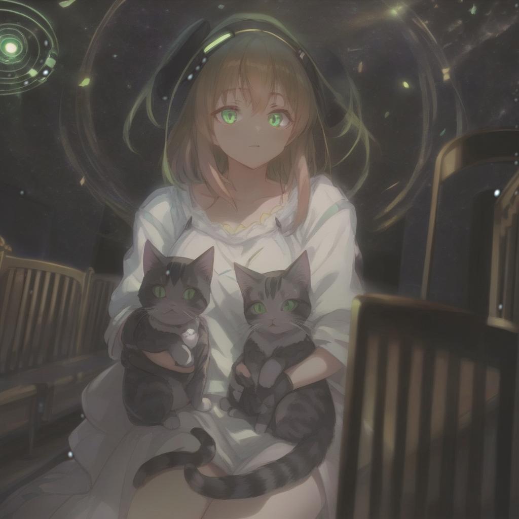  anime artwork girl with green eyes holds two cats, spotlights, stage, space in the background, love of music, vocals, idol, stage, tarot . anime style, key visual, vibrant, studio anime, highly detailed