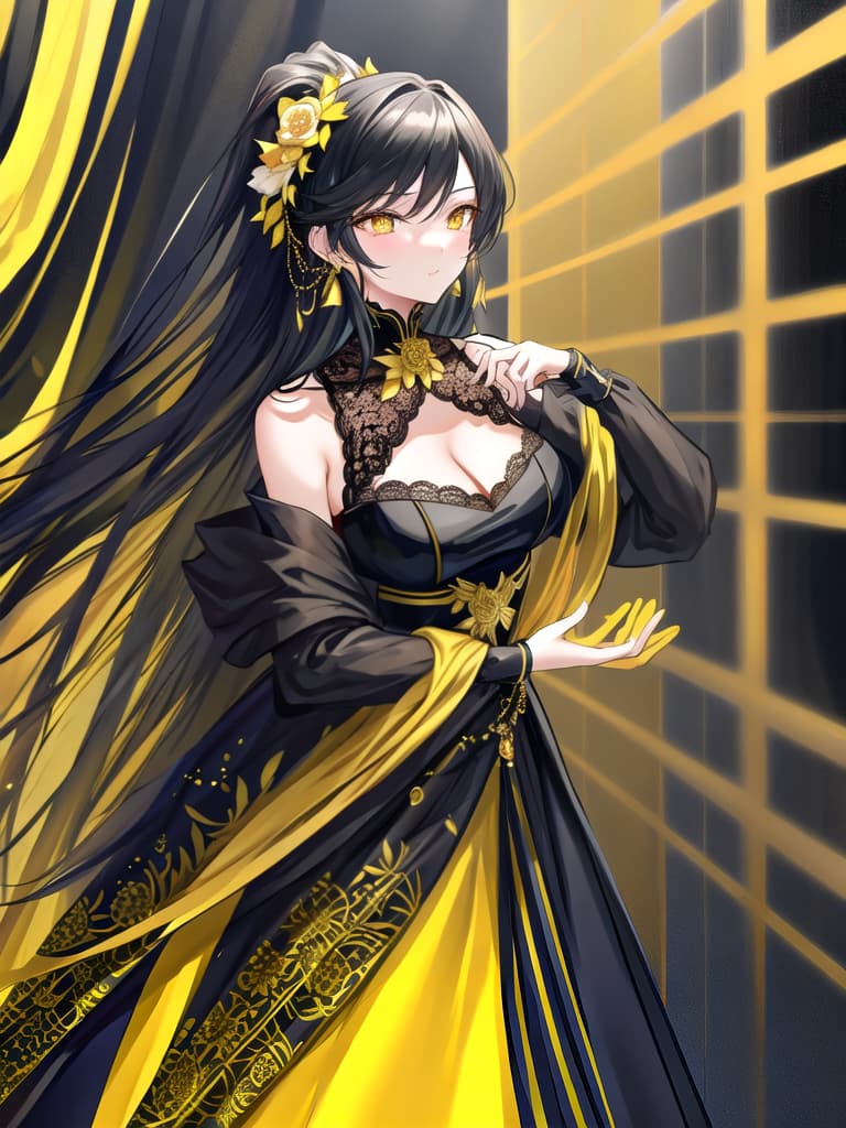  Golden yellow and sleek black color palette, captivating and inviting expression, exuding elegance and charm, magnetic beauty, intricate details, high contrast, luxurious feel, digital art, female, glossy finish, striking composition, dynamic lighting to enhance features.