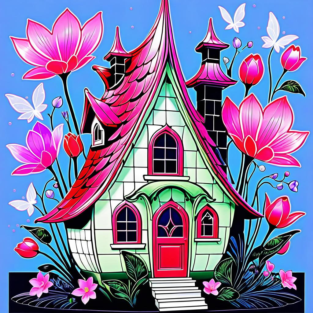  advertising poster style ((flower fairy shop1,5) ((a small house with a tiled roof and carved windows surrounded by flowers of scarlet, pink, crocus)) . ((in the bud of a blossoming flower sits an enchanting fairy and invites customers into her shop. (1.5 fine, fine fractal glitter bright petal line ink sketch on black background, (pixie petal silhouette 1.3), bud outline outline, bud outline, pixie fairy leaves with wings. (flower colour):alo pink, white pink, pearl blue, pearl blue, snow white) . (style):fantasy, art design, provence, advertising, window display, (colours):soft pink, light lavender, white, soft green, all pastel shades. . professional, modern, product focused, commercial, eye catching, highly detailed