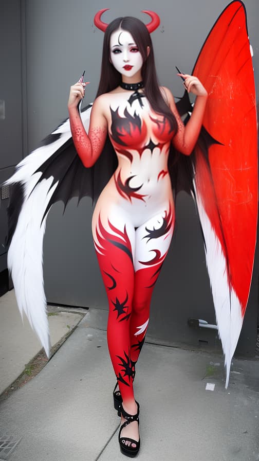  Full body red flame pattern body paint, Blark body paint on the whole body, White face paint on the face, succubus 女性