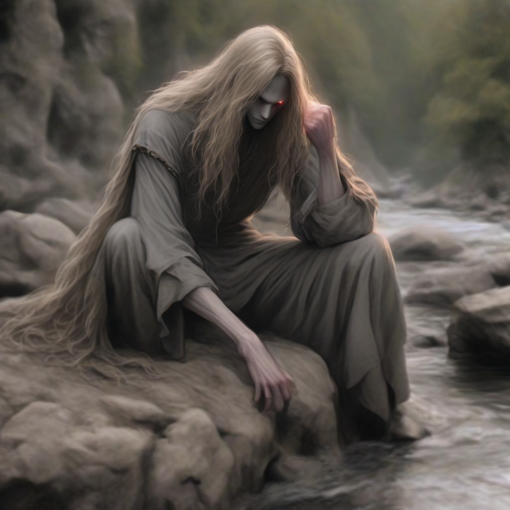  a stunningly handsome slender man in his thirties sits on a rock and looks at the river flowing below. he has long blond hair with a red tint, gray eyes, and a sly expression on his clean, unvegetated face. he is dressed in a ((medieval)) gray shirt and pants, and he has beautiful hands with long fingers.