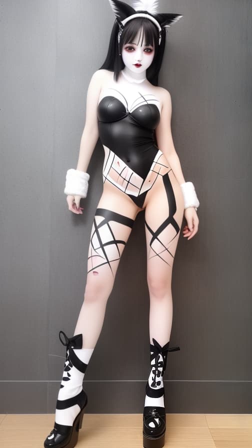  White and Blark Block plaid body pain in every corner of the whole body, block plaid face paint, white body paint, succubus, full body image 女性