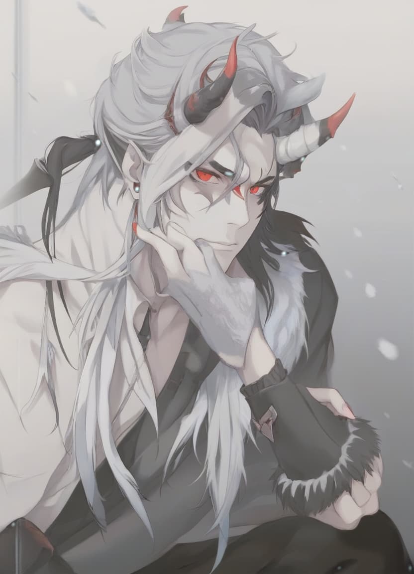  man demon, red horns, red eyes, black long hair, winter clothes