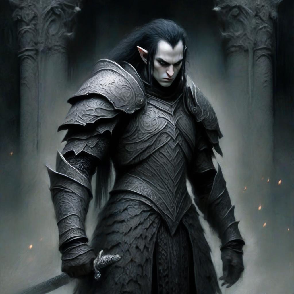  macabre style a noble white skinned slender elf fighter with black hair, in white leather openwork armor, shoulder pads and elbows, with a sword in his hand. full height in a dark room with black columns. . dark, gothic, grim, haunting, highly detailed, perfecteyes, perfect hands