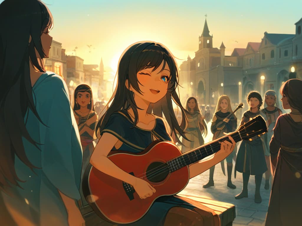  mature woman,long hair,bards,dress,fantasy,town,bright atmosphere,sit on a bench,lively,holding the lute,singing,eyes closed,calm expression,spectators all around,evening,ancient egypt,