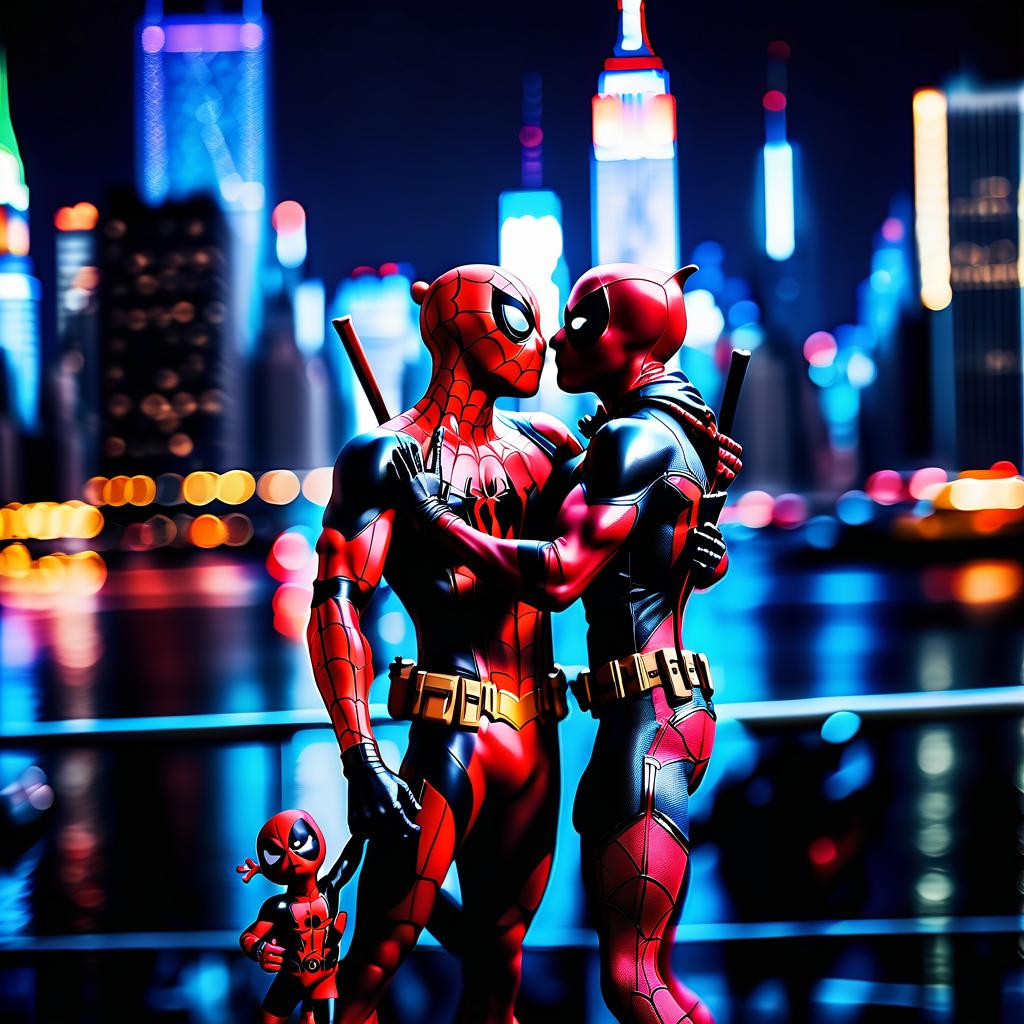  cinematic photo spider man and deadpool stand in front of new york city at night and kiss . 35mm photograph, film, bokeh, professional, 4k, highly detailed