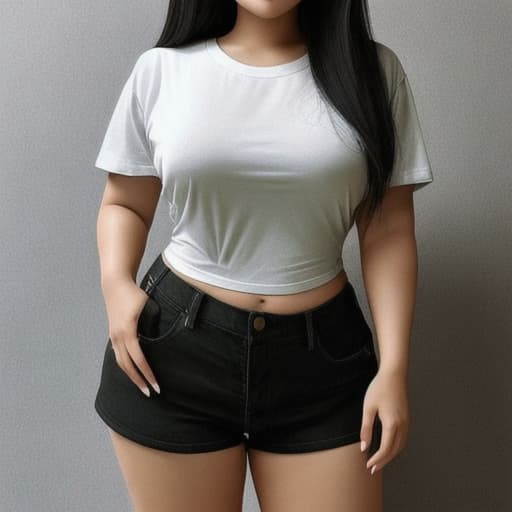  Asian curvy woman, short shorts, big tshirt