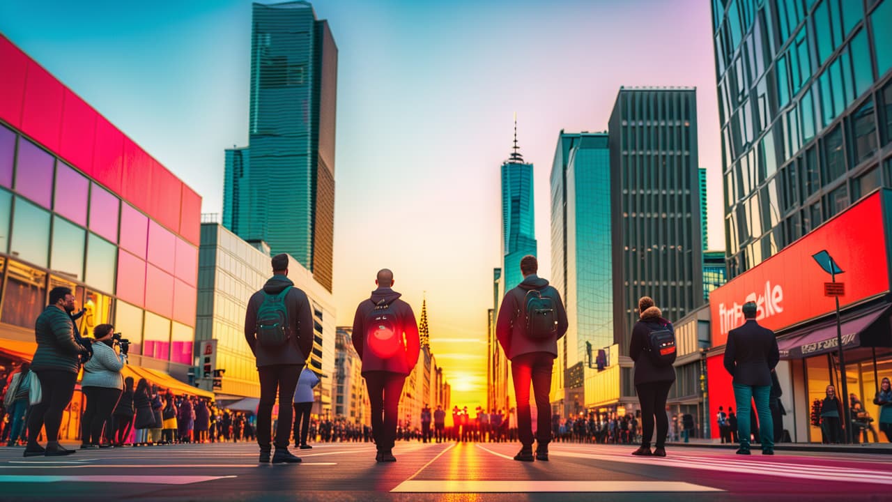  a bustling cityscape at sunset, showcasing a diverse group of photographers capturing stunning moments, with vibrant colors reflecting on their cameras, surrounded by clients admiring their work and the lively atmosphere of creativity. hyperrealistic, full body, detailed clothing, highly detailed, cinematic lighting, stunningly beautiful, intricate, sharp focus, f/1. 8, 85mm, (centered image composition), (professionally color graded), ((bright soft diffused light)), volumetric fog, trending on instagram, trending on tumblr, HDR 4K, 8K