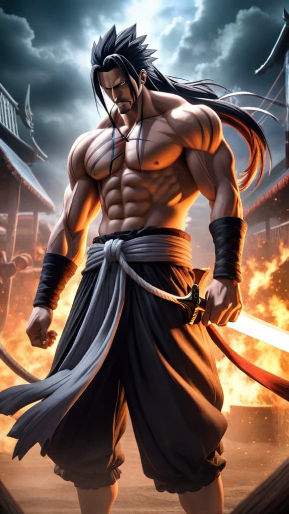  anime art: kenpachi zaraki embraces the thrill of battle by withholding his zanpakuto’s true power. hyperrealistic, full body, detailed clothing, highly detailed, cinematic lighting, stunningly beautiful, intricate, sharp focus, f/1. 8, 85mm, (centered image composition), (professionally color graded), ((bright soft diffused light)), volumetric fog, trending on instagram, trending on tumblr, HDR 4K, 8K