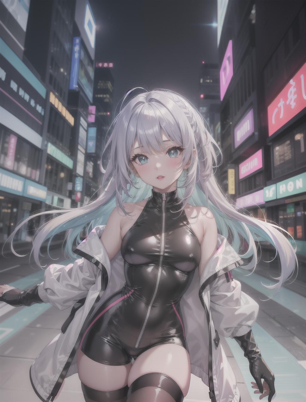  masterpiece, best quality, 1girl, lucy, black body suit, exposed shoulders, white jacket, neon lit city background, asymmetrical short and long undercut silver light purple light blue light green light yellow hair, silver neon eyes, red eyeliner, red lips, black thigh highs, black shorts