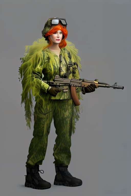  please make detailed render of women in camouflage suit