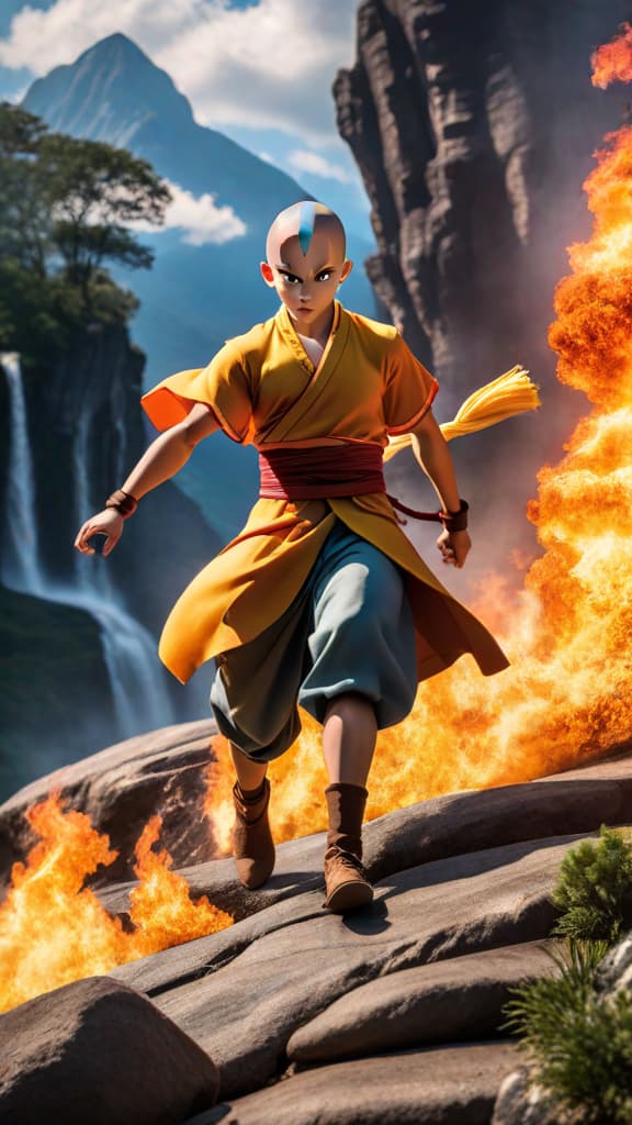  anime art: aang, the avatar state master, channels all past lives' power to thwart fire nation. hyperrealistic, full body, detailed clothing, highly detailed, cinematic lighting, stunningly beautiful, intricate, sharp focus, f/1. 8, 85mm, (centered image composition), (professionally color graded), ((bright soft diffused light)), volumetric fog, trending on instagram, trending on tumblr, HDR 4K, 8K