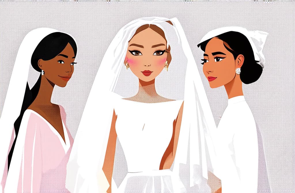  flat illustration, flaticon, (illustration:1.15), different beauty. set of different female heads in wedding veil. different races and nationalities. colored hand drawn illustration ar 3:2, [cory loftis, strobist, pascal campion :: 0.2]